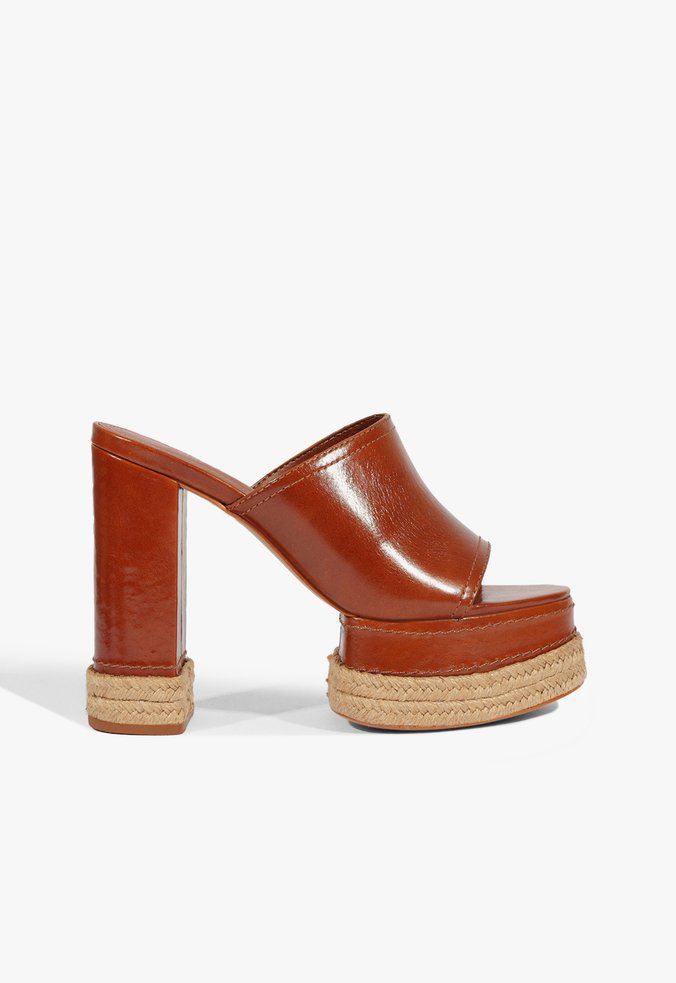 Tamanco Salto Bloco Savana Couro Ráfia Marrom