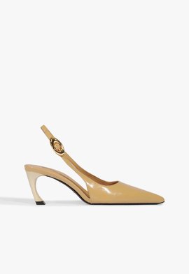 Sapato Scarpin Slingback Salto Médio Verniz Couro Bege