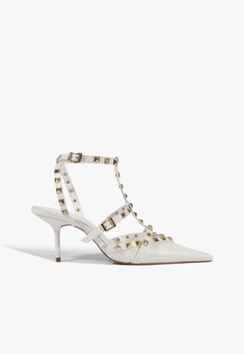 Scarpin Salto Médio Fino Tachas Branca