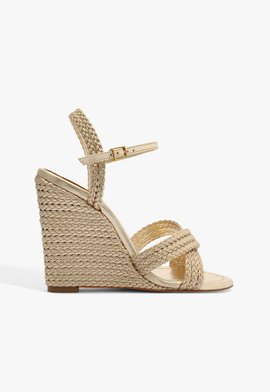 Sandália Couro Salto Anabela Dourado