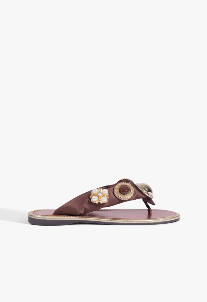 Sandália Rasteira Thong Pedraria Suede Marrom