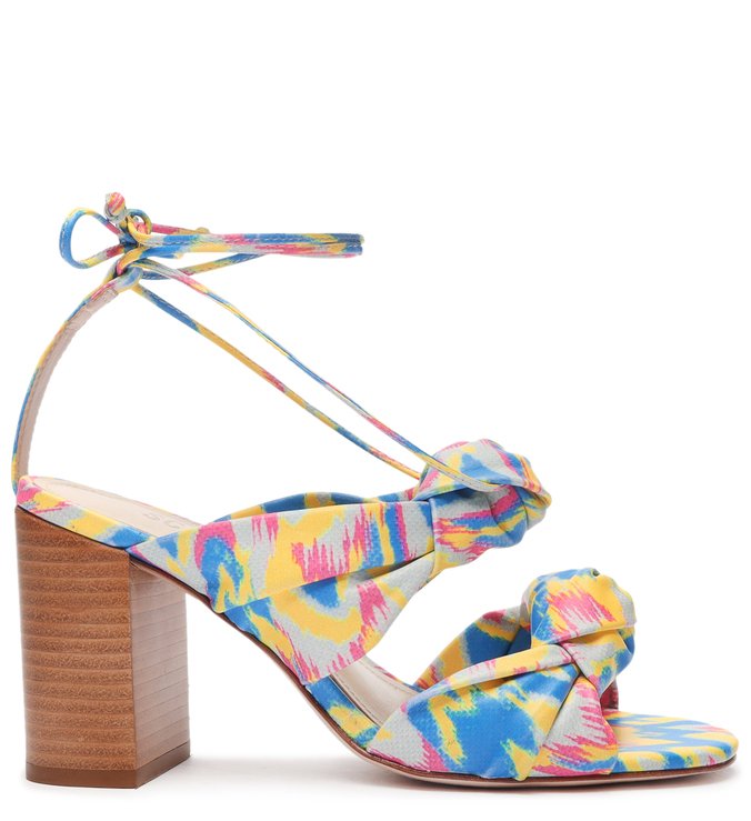 Sandália Salto Médio Bloco Estampada Azul