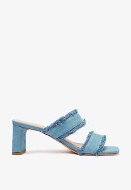 Sandália Mule Salto Médio Jeans Franjas Azul