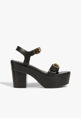 Sandália Plataforma Salto Alto Bloco Couro Preto