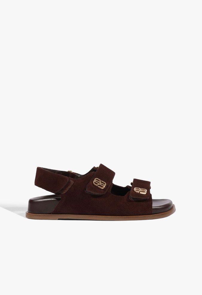 Papete Bico Quadrado Velcro Acamurçado Couro Marrom Escuro