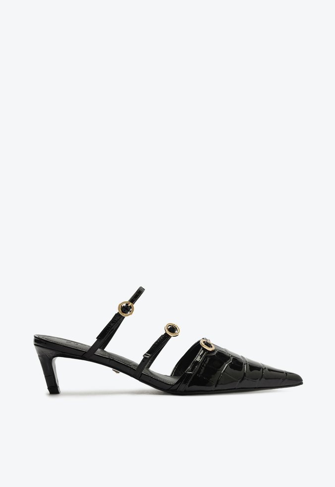 Mule Curve Heels Vinil Croco Preta