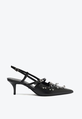 Slingback Couro Preto Kitten Heel
