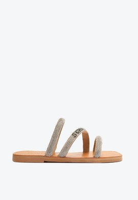 Sandália Rasteira Brilho Schutz Logo Bege e Prateada