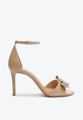 Sandália Salto Alto Couro Laço Brilho Bege