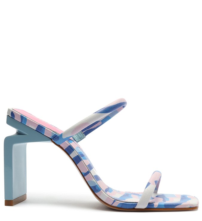 Sandália Mule Salto Alto Kattie Couro Estampa Azul