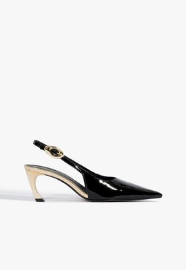 Sapato Scarpin Slingback Salto Médio Verniz Couro Preto
