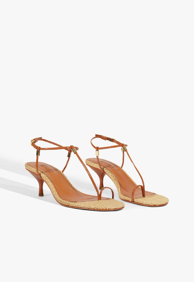 Sandália Salto Kitten Elsha Couro Ráfia Marrom Schutz