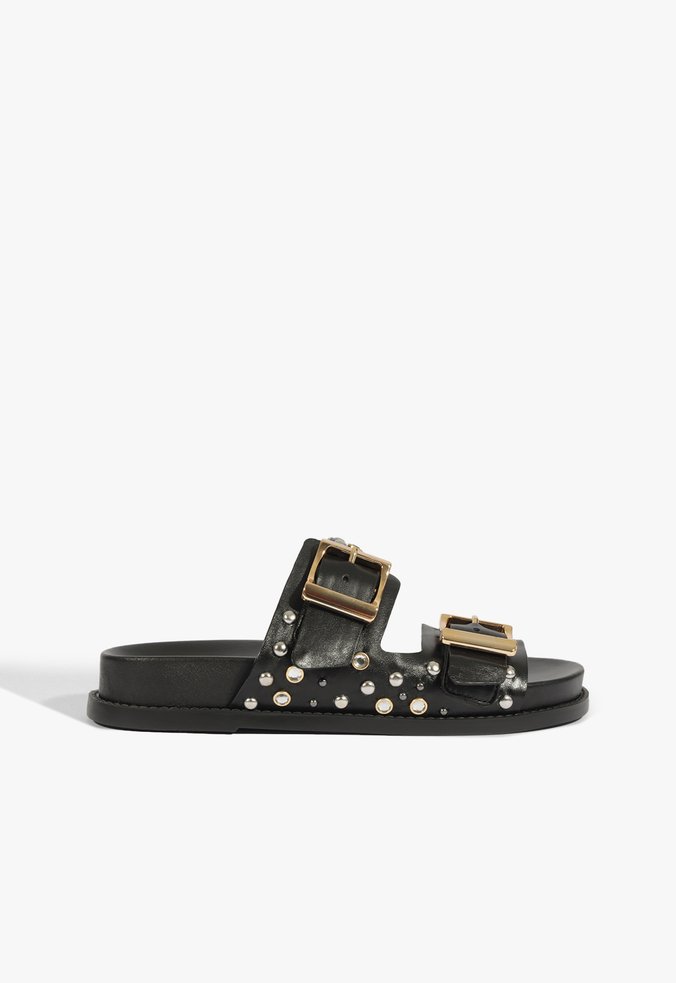 Papete Slide Couro Tachas Preta