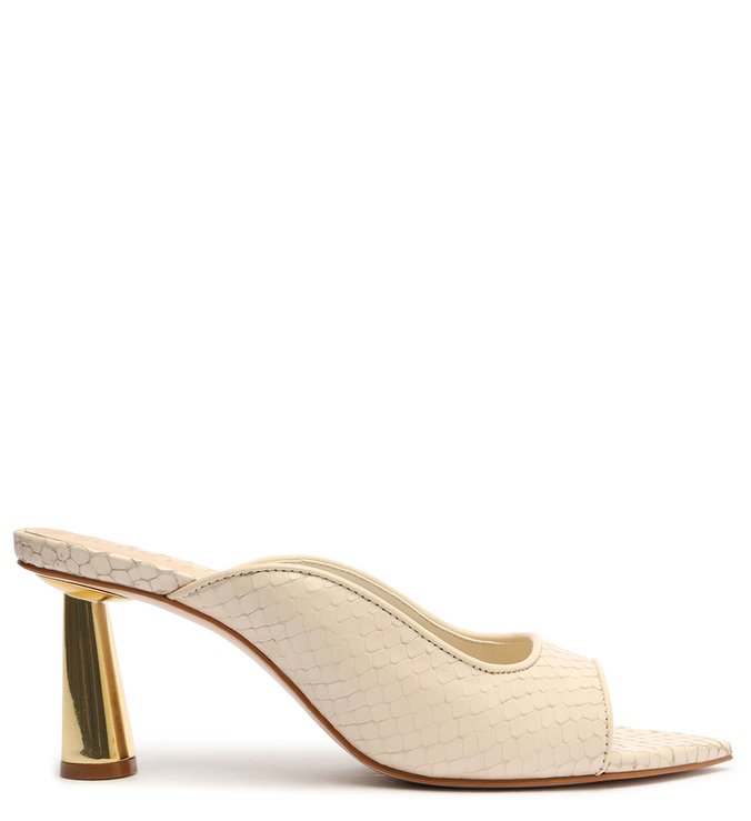 Sandália Mule Salto Dourado Couro Snake Branca