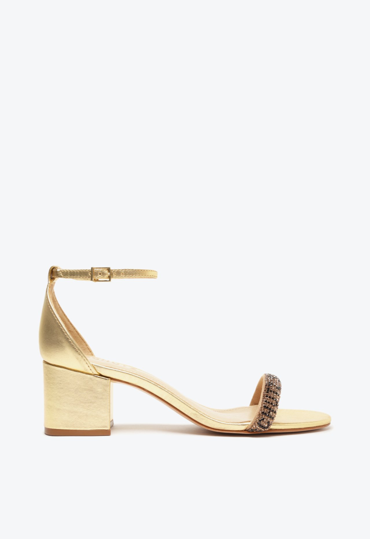 Sandália Logo Pedrarias Salto Bloco Dourada | Schutz