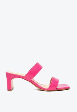 Sandália Mule Salto Couro Rosa Neon