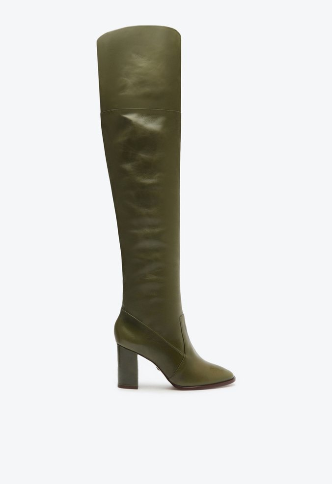 Bota Montaria Over the Knee Salto Baixo Couro Verde