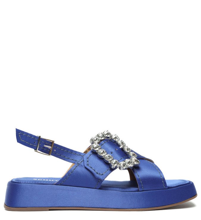 Sandália Papete Flatform Cetim Azul