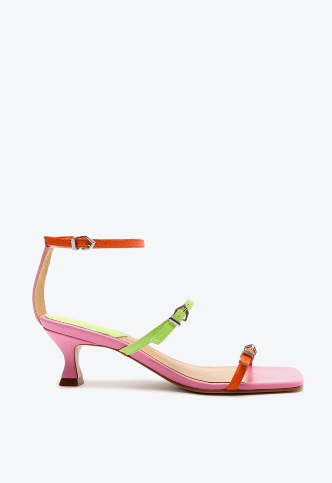 Sandália Salto Baixo Couro Colorida Neon e Pink