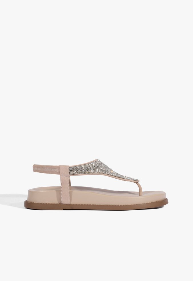 Sandália Papete Strass Nobuck Bege