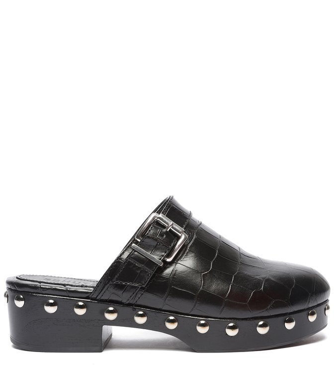 Clog Tachas Croco Salto Baixo Preto