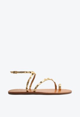 Sandália Rasteira Tachas Couro Dourada