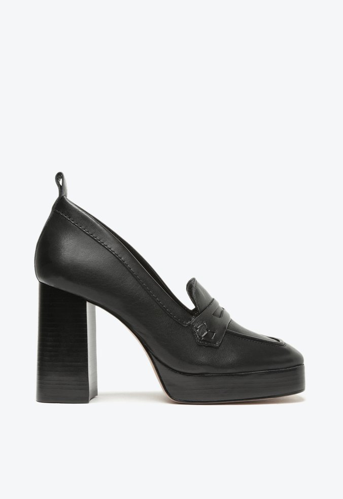 Mocassim Salto Bloco Alto Couro Preto
