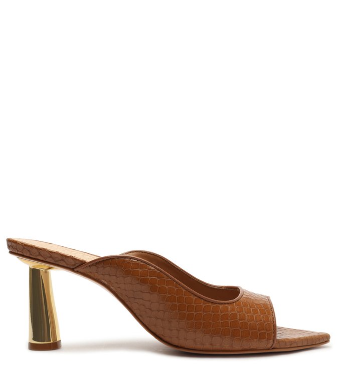 Sandália Mule Salto Dourado Couro Snake Marrom