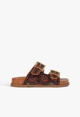 Sandália Papete Tiras Couro Miçangas Marrom