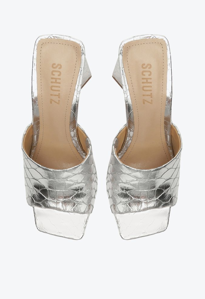 Sandália Mule Salto Bloco Lizah Croco Prata Sandália Mule Salto Bloco Lizah Croco Prata