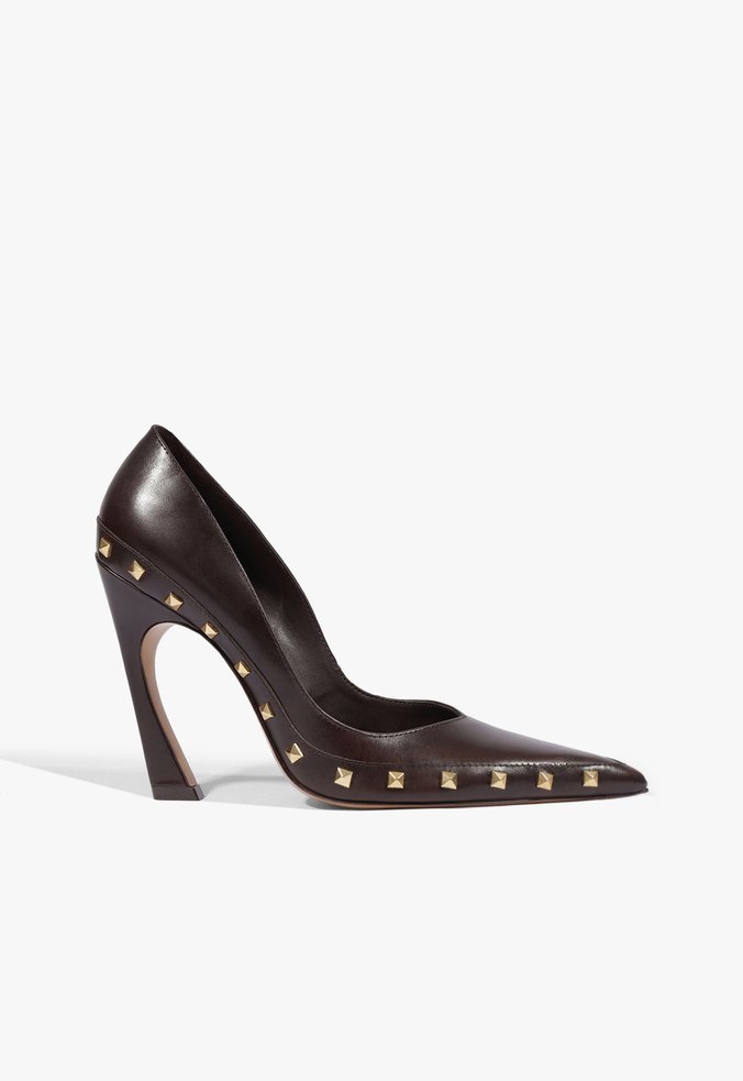 Scarpin Lexi Studs Salto Alto Couro Marrom