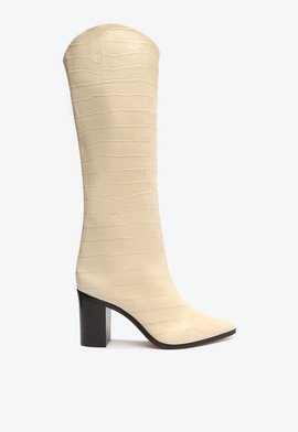 Bota Salto Bloco Maryana Couro Croco Bege