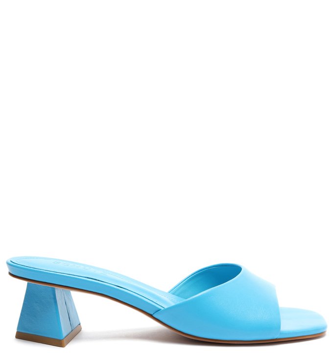 Sandália Mule Salto Baixo Triangle Lizah Couro Azul