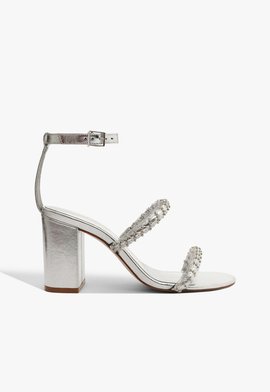 Sandália Prata Salto Bloco com Tiras Trançadas