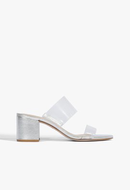 Sandália Mule Salto Bloco Vinil Metalizada Prata