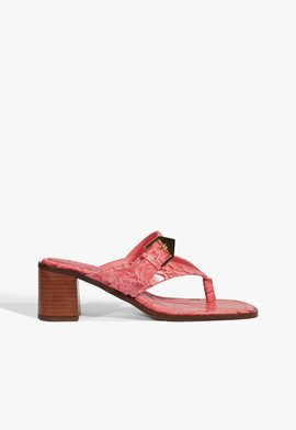 Sandália Mule Salto Bloco Scalea Couro Croco Pink