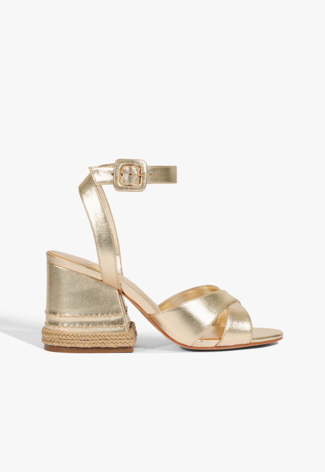 Sandália Salto Bloco Savana Couro Ráfia Dourada | Schutz