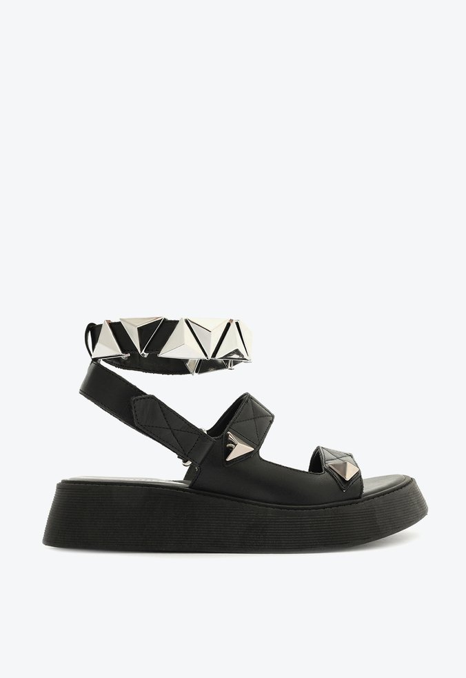 Sandália Papete Klu Studs Couro Preta