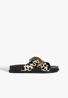 Sandália Papete Couro Fivela Preta Animal Print Branca
