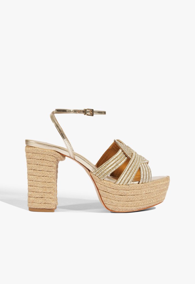 Sandália Salto Bloco Brilho dourada