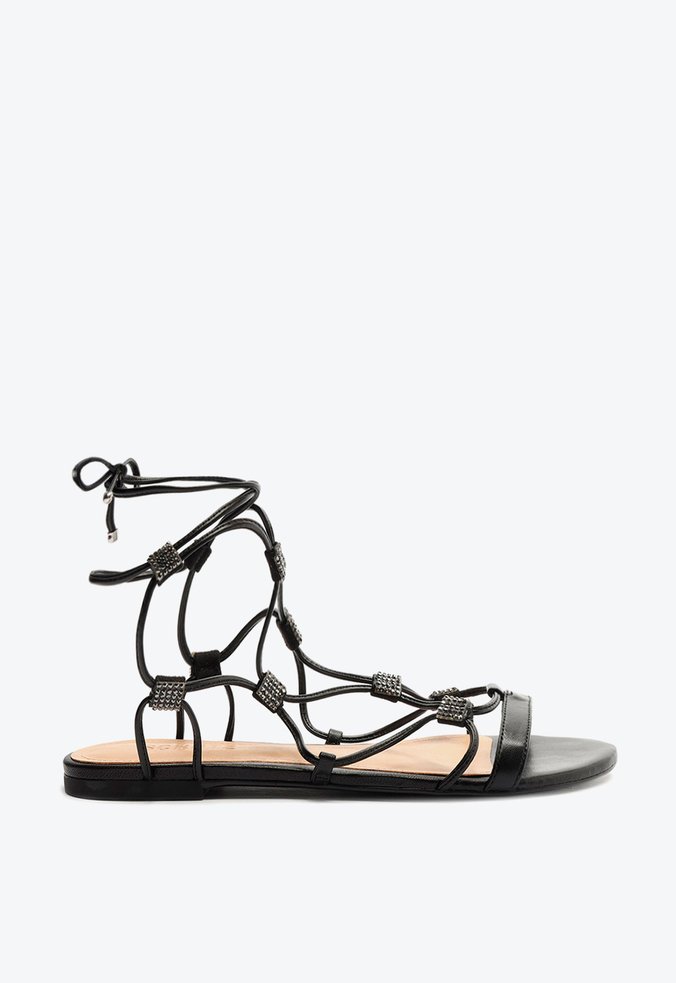Sandália Rasteira Tiras Entrelaçadas Couro Preta