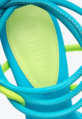 Sandália Salto Alto Taça Tiras Amarração Azul e Verde Neon