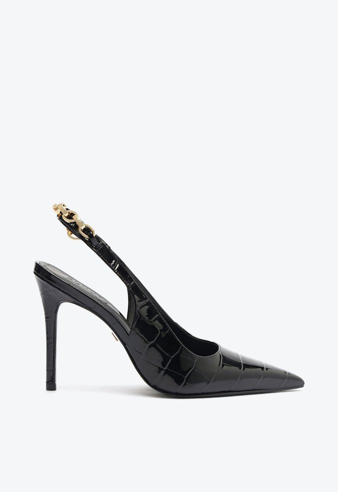Sapato Scarpin Chain Ornamental Couro Croco Preto