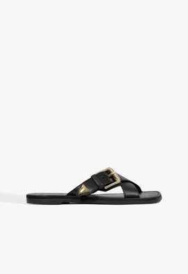 Sandália Rasteira Fivela Couro Preta