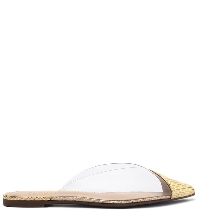 Sapato Mule Vinil Transparente Dourado