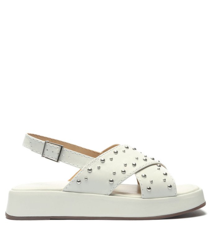 Sandália Papete Flatform Couro Tachas Branca