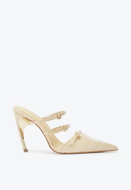 Mule Curve Heels Verniz Croco Couro Bege