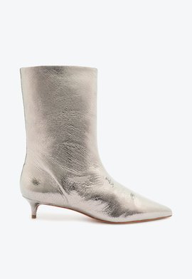 Bota Cano Médio Salto Kitten Couro Prata