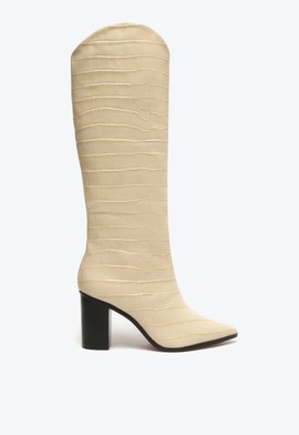 Bota Salto Bloco Maryana Couro Croco Branca