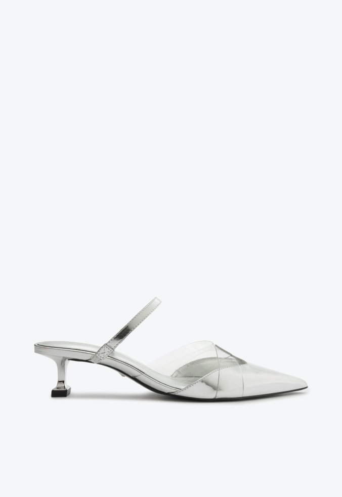 Scarpin Mule Salto Mid Vinil Prata
